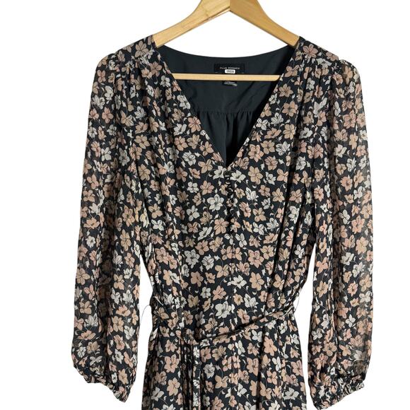 Club Monaco Silk Black Floral Print V-Neck Blouson Long Sleeve Mini Dress Sz 12 - Picture 7 of 16